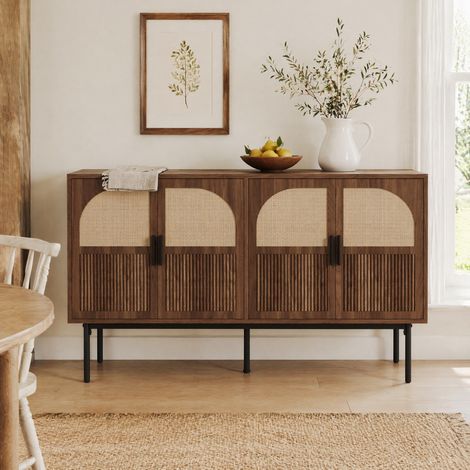 Aparador de 4 puertas de MDF con decoración de ratán, 140 x 40 x 80 cm, natural DESVIAE (1/5)