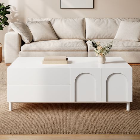 Tavolino rettangolare 100x50x39,5 cm con 2 cassetti e 2 ante, vano contenitore chiuso, struttura stabile, bianco (1/5)