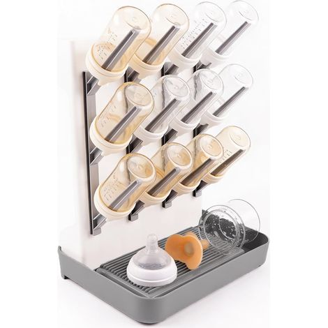 Drying Rack Baby Bottles with Drying Mat 12 Hooks Bottle Dryer with Drip Tray for Worktop, Space-Saving Stand Drying Stand for Baby Bottles and Pump Parts Cleaning (1/5)