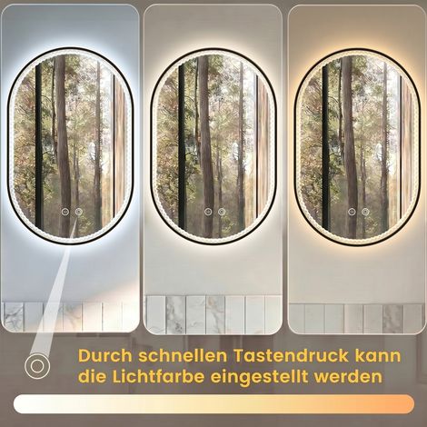 Miroir salle de bain ovale 50x80 cm LED antibuée, 3 températures luminosité réglable, strass cadre noir, coloris noir (1/5)