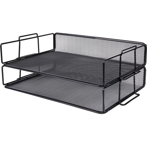 Lot de 2 plateaux à courrier empilables / Trieur de documents / Organiseur de bureau - Support métallique - Bureau, école, maison - Noir (1/3)