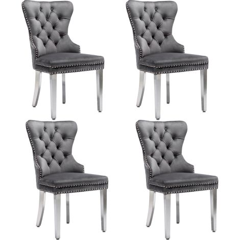 Chaise de salle à manger (chaise de cuisine et de salon avec heurtoir unique au dossier, lot de 4), chaise rembourrée avec clous décoratifs, pieds de support en métal, revêtement en velours, gris (1/5)
