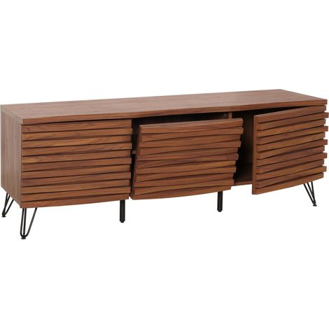 [NEUWERTIG] TV-Rack HHG-441, Lowboard TV-Schrank, 3D-Design Staufächer, MDF Metall 52x142x44cm Walnuss-Optik