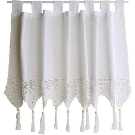 Elegante mantovana per finestra in cotone lavorato all'uncinetto con nappa filtrante e passante decorativo superiore, ideale per soggiorno, sala da pranzo e bar. 1 pannello (bianco, 150 x 45 cm). (1/4)
