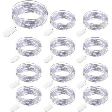 12 Packs Guirlandes Lumineuses à Piles, 20 LEDs 2M Guirlande en Cuivre, IP65 Étanche Argent Fil Blanc Froid Ambiance Lumière pour Décoration Noël Fête Mariage Jardin Terrasse Pelouse Maison