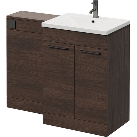 Napoli 460 Brown Oak 1100mm 2 Door Vanity Unit Toilet Suite with Glide Basin - 1100mm - Gunmetal Grey 160mm HandleWithout Kingston Toilet Pan
