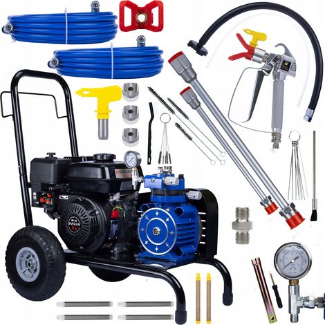 Rosfix Set Blue Strong Hurricane 1690 BSH01 – Benzin Airless Farbspritzgerät 6,5 PS 220 bar 18 l/min  Inkl. Pistole, Düsen, 45 m Schlauch, Reinigungsset  Profi Lackierzubehör