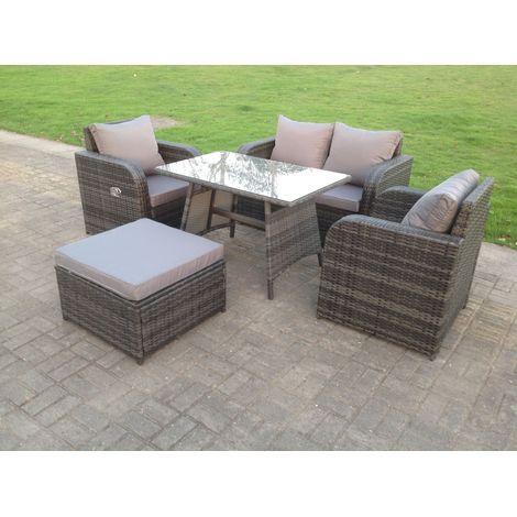 Fimous Rattan Garden Furniture Set Adjustable Chair Sofa Double Love Seat 2 Seater Sofa Rectangular Dining Table Big Footstool