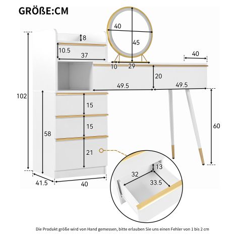 Table de maquillage avec plaque de table extensible, 6 tiroirs et poignées d'or, miroir LED avec lumière dimmable,Blanc, Dimensions: 102 x 100 x 41,5 cm (H x L x T)