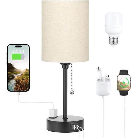 Lámparas de mesa con 3 temperaturas de color - 2700K 3500K 5000K Lámparas de noche con puertos USB C y A, lámparas de cadena para dormitorios con enchufe, lámparas de noche con base de metal (1/5)
