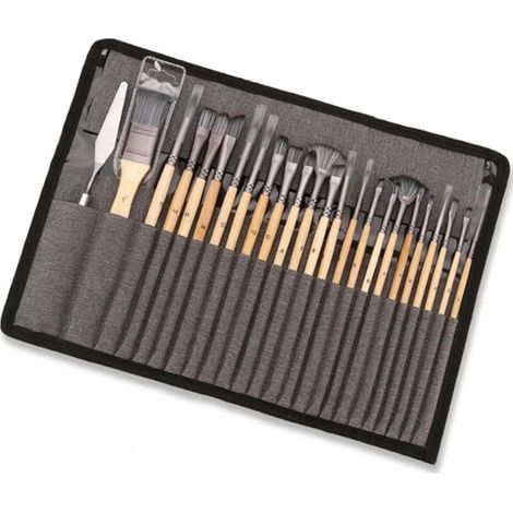 Lot de 24 pinceaux en Nylon et Aluminium avec poignée en Bois Naturel Ergonomique pour Couleurs acryliques et aquarelles, faciles à Nettoyer et idéales pour la Peinture sur Toile ou Bois (1/5)