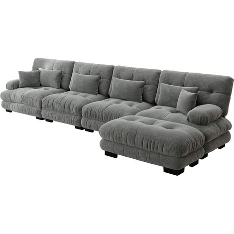 Divano Modulare ad Angolo 4 Posti, con Pouf Mobili e Cuscini, Seduta Profonda, Chenille, Grigio (1/5)