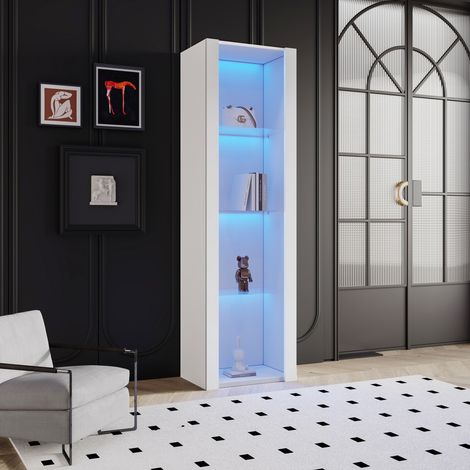 Vetrina in truciolare bianco lucido 55 x 38 x 166 cm con 3 ripiani in vetro e LED controllato da APP