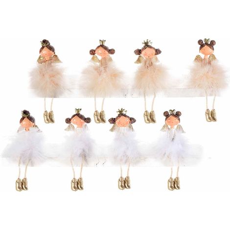 Angeli in resina con gonna di piume e dettagli oro, set da 8 pezzi, Ø 5cm x 6,5 H (con gambe12,5)
