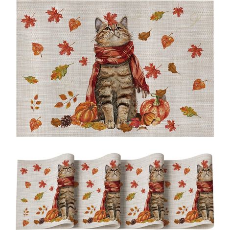 4er-Set PVC-Tischsets, 30 x 45 cm, Katzen-/Kürbis-/Ahorn-Muster, rutschfest, hitzebeständig, Küchendekoration