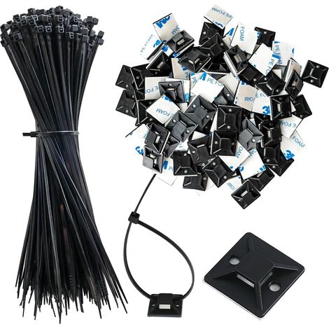 Lot de 340 coussinets adhésifs pour serre-câble, 170 bases auto-adhésives, 19 x 19 mm, 170 attaches de câble, 200 x 2,5 mm, noir, clips de gestion des fils, supports de câbles pour câbles (1/5)