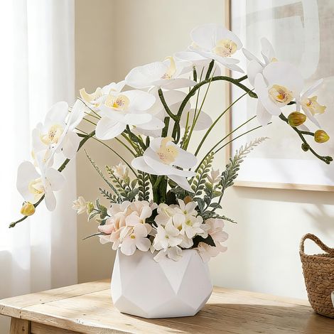 Fleurs d'ochidée artificielles avec vase, fleurs artificielles en pot, orchidée phalaenopsis pour décoration de la maison (style 2, vase blanc) (1/5)