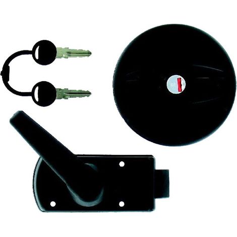 Serrure ronde plastique pour porte de caravane – Épaisseur 29 mm – Diamètre perçage 90 mm – Sens d'ouverture droite – Livrée avec clés et barillet – Zadi