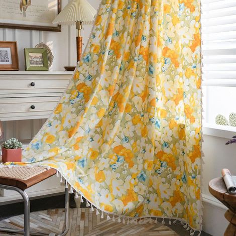 Rideau Coton Lin Jaune Beige - Imprimé Fleurs Champêtres - 150x200cm - 1 Panneau (1/4)