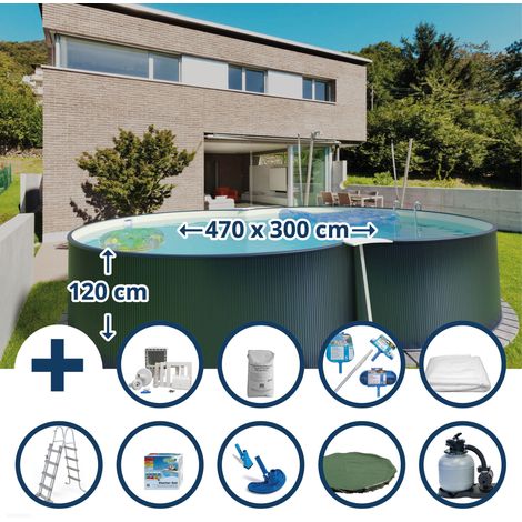 Stahlwandpool Set (10-teilig) hoch achtform 470x300x120 cm, Stahl 0,4 mm anthrazit Folie 0,4 mm sand (1/5)