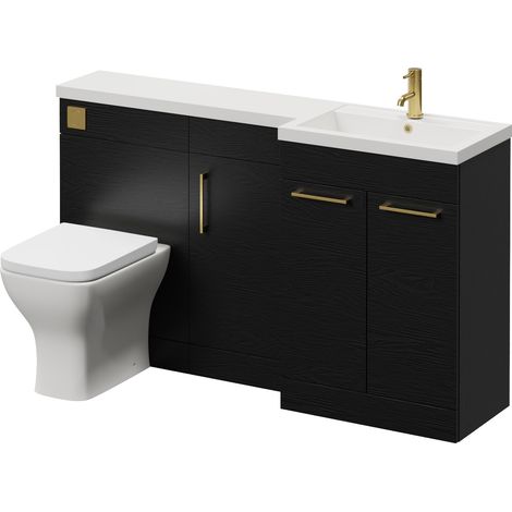 Napoli 390 Nero Oak 1500mm 3 Door Vanity Unit Toilet Suite with Right Hand Square Lucia Basin - 1500mm - Brushed Brass 160mm HandleWith Kingston Toilet Pan and Seat