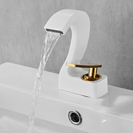 Single Handle Waterfall Bathroom Faucet, Single Hole Mount, Hot and Cold Water, White Gold (1/4)