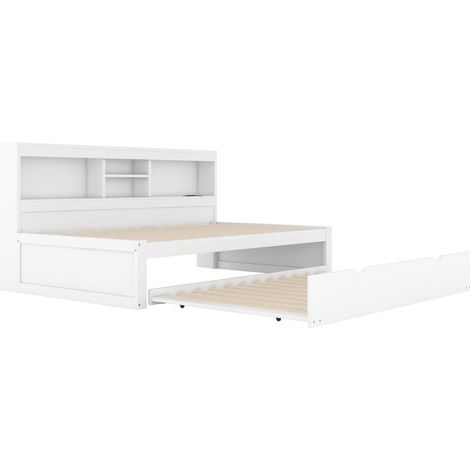 Letto giorno estensibile 90 x 200 cm bianco con LED, vano laterale, presa USB, senza materasso (1/5)