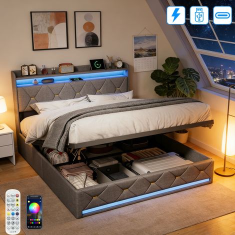Lit 140x200 cm avec Sommier - Cadre de Lit avec LED et USB Tpye C - Lit Coffre avec Rangement Hydraulique - 2 Personnes - Lin Beige (1/5)