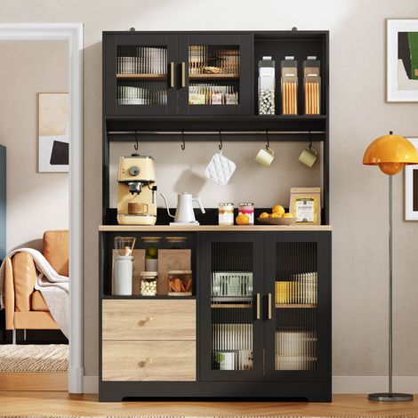 Buffet haut de cuisine haute 110 x 40 x 178 cm avec LED RGB, 4 portes en verre trempé, prises et USB, casier à vin, plan de travail effet bois, noir (1/5)