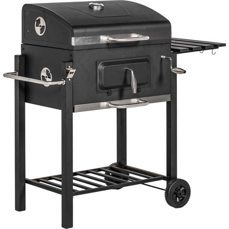 Barbacoa de carbón con carro y tapa de acero inoxidable negra 113x65x108 cm HOMVRA (1/4)