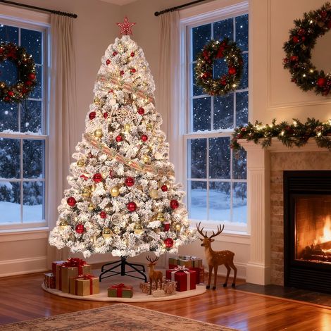 Sapin de Noël artificiel enneigé pré-éclairé - 275 cm, 340 pointes - LED blanc chaud, motif flocons - montage rapide, support métal pliable - intérieur/extensionérieur - 9FT (Europe (1/5)