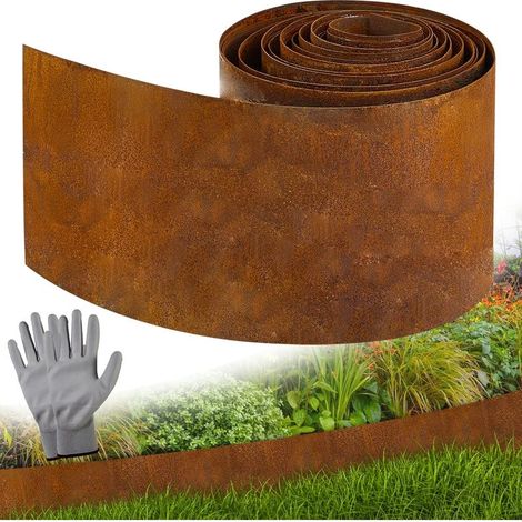 5 m x 15 cm Bordure de pelouse en Acier Corten, Bordure de pelouse en Acier Corten pour pelouse DIY, Bande de pelouse avec Rouille, 1 Paire de Gants Incluse