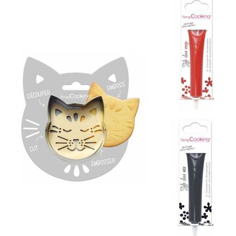 Kit pour biscuit en relief Chat + 2 Stylos au chocolat rouge et noir