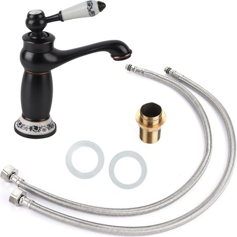 Robinet mitigeur à levier unique motif floral pour lavabo salle de bain, eau chaude/froide, robinet de lavabo noir (1/5)