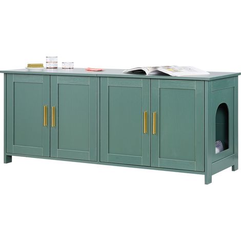 Meuble Bac à Litière Chat Armoire Cache Maison de Toilette de Chat Intérieur, avec 4 Portes et 2 Entrées, Niche Cache-litière en Bois, pour la Plupart Bacs à Litière Chats, 120x45x50 cm, Vert (1/5)