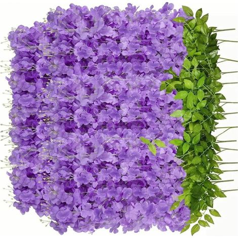 Lot de 14 fleurs artificielles de glycine à six feuilles, violettes et bleues, pour la décoration de plafond, mariage et décoration intérieure.