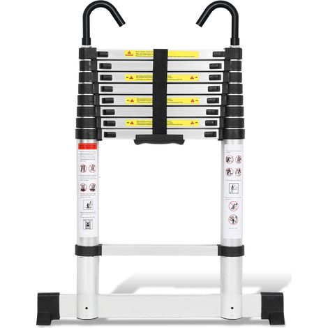 Wolketon Échelle télescopique en aluminium argentée de 2,6 m avec 2 crochets et stabilisateur, charge maximale de 150 kg