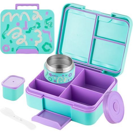 Bento-Lunchbox für Kinder – Lunchbox mit Fächern und isoliertem Edelstahlbecher – Türkis und Lila (1/5)
