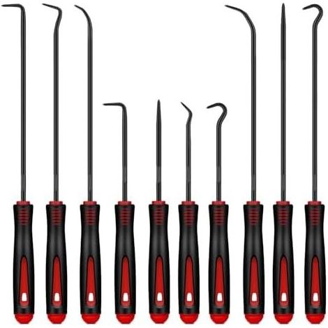 Set mit 10 Haken und Ausdrehern aus legiertem Stahl, Präzisionswerkzeug für Kraftfahrzeuge, zum Entfernen von Schläuchen und Öldichtungen (rot/schwarz, 16 cm + 24 cm) - (1/5)