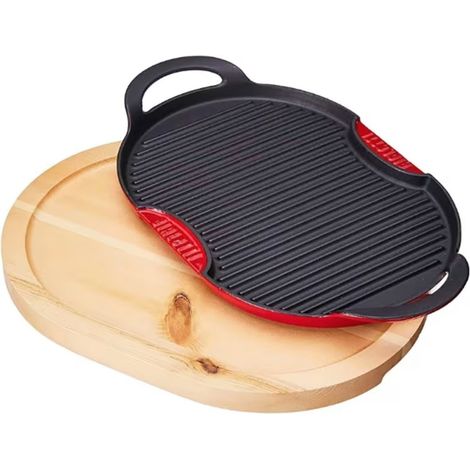 Aeternum Gusseisen-Grillpfanne oval mit Holztablett 36x26 cm