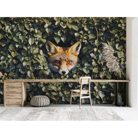 Papier peint animaux - petit renard caché dans le feuillage - 150 x 250 cm (1/2)