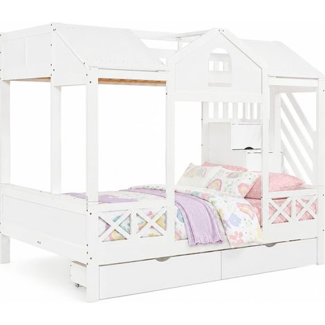 Lit superposé enfant avec 2 tiroirs à roulettes, fenêtre et toit, escalier de rangement 4 compartiments, blanc, 90x200 ou 140x200 cm - CHICFURN (1/5)