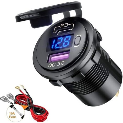 Prise de Chargeur Voiture USB QC3.0 et PD Type-C avec Voltmètre Numérique LED Interrupteur Étanche pour 12V/24V Voitures Bateaux Moto