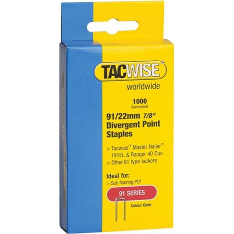 Tacwise 0288 91 Narrow Crown 22mm Divergent Point Staples Galv 1000 Pack 191