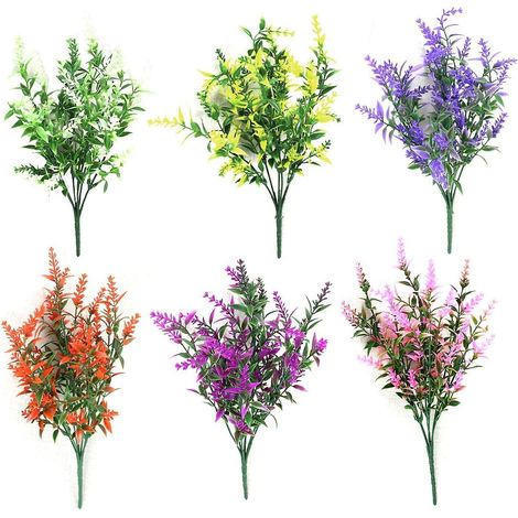 Fleurs artificielles, lot de 6, 6 couleurs, résistantes aux UV, arbustes et plantes d'intérieur/extérieur (1/5)