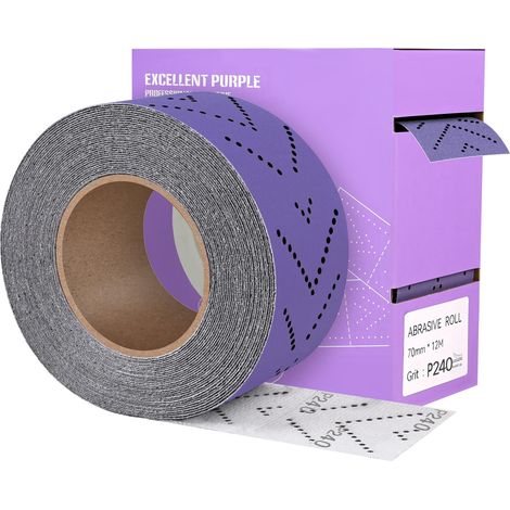 Rouleau de Papier Abrasif Grain 240, 70 mm x 12 m Rouleau de Feuille de Ponçage Multi-Trous Prédécoupé Papier de Verre Céramique Violet pour Le Bois, Le Métal, Le Ponçage Automobile (1/5)