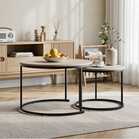 Set aus 2 runden Satztischen 70x70x45 cm in Eichenoptik mit Metallgestell, Design MEUBLIV (1/5)