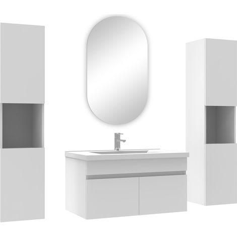 Ocean ensemble meubles Salle de Bain simple vasque 80cm, colonnex2 et miroir ovale Blanc