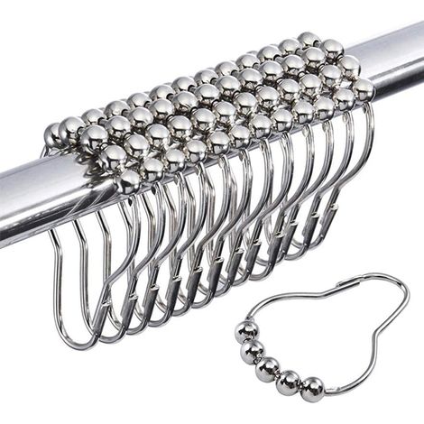 Set di 12 ganci per tenda da doccia in acciaio inossidabile argentato con sfere a rullo, resistenti alla ruggine, chiusura robusta, adatti a bagni standard (1/5)