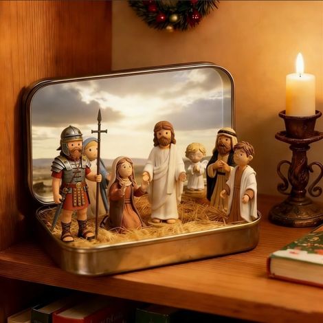 Nativity Scene - Tin Box Portable Mini Holy Family Figurines - Christmas Religious Decor - Home Office Travel Display - 1 Set (1/4)
